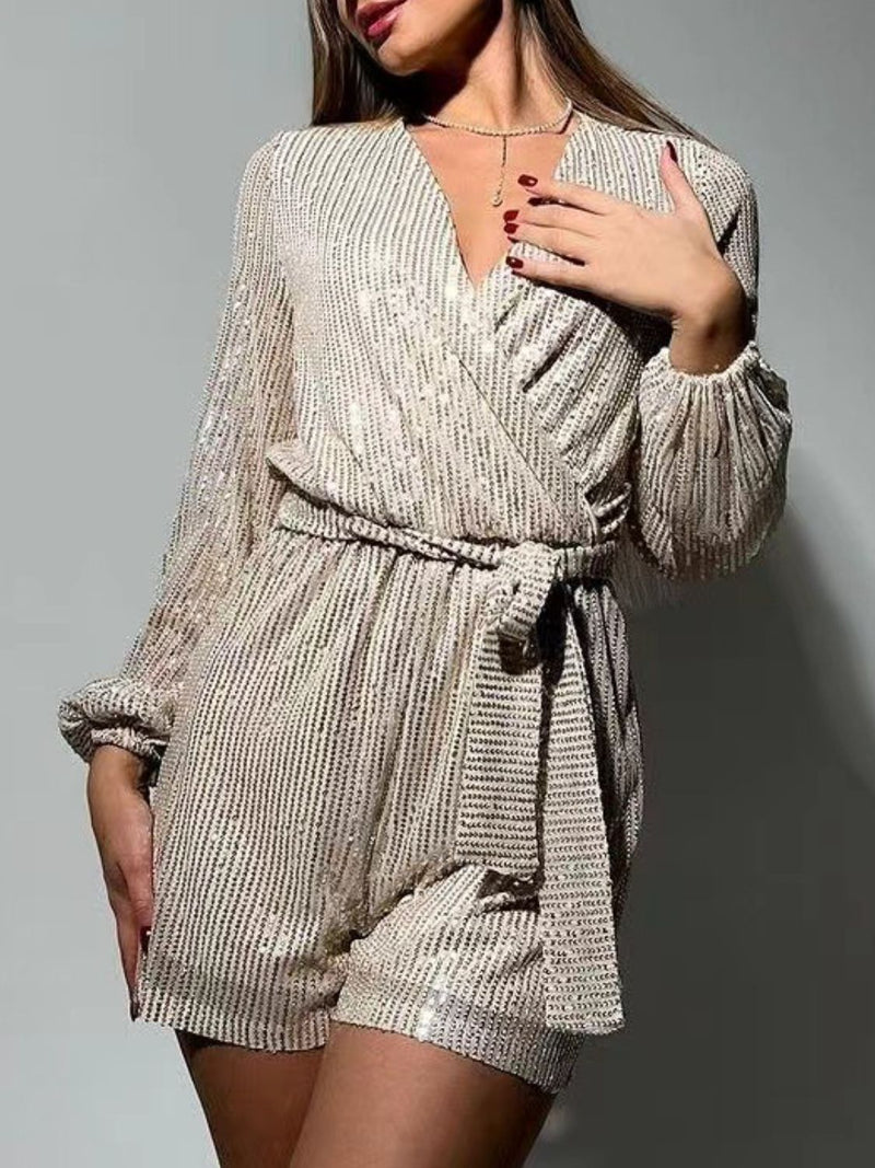 Hazel Blues® |  Sequin Surplice Tie Waist Long Sleeve Romper