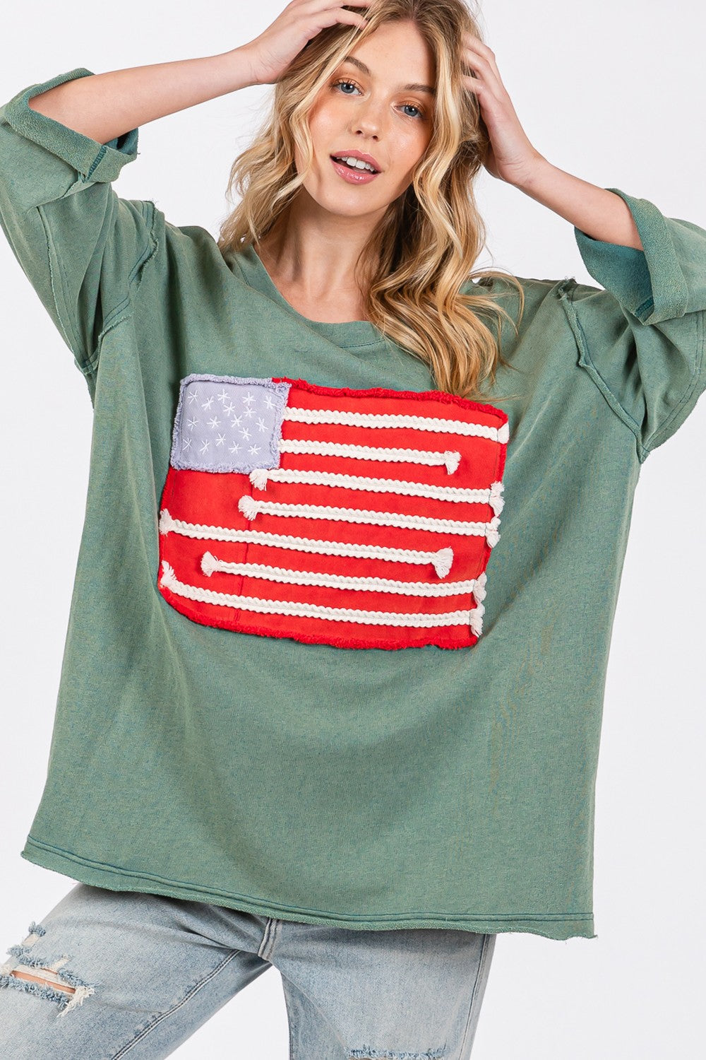 Hazel Blues® |  SAGE + FIG American Flag Patch Drop Shoulder T-Shirt