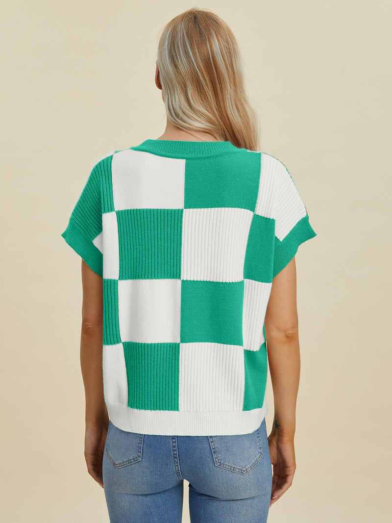 Hazel Blues® |  Double Take Checkered Round Neck Short Sleeve Sweater