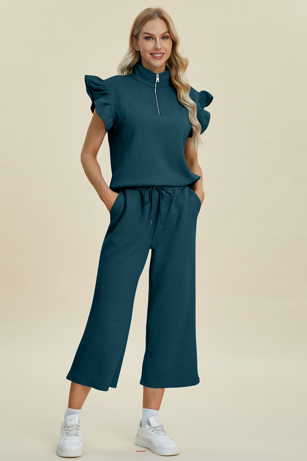 Hazel Blues® |  Double Take Texture Ruffle Short Sleeve Top and Wide Leg Pants Set