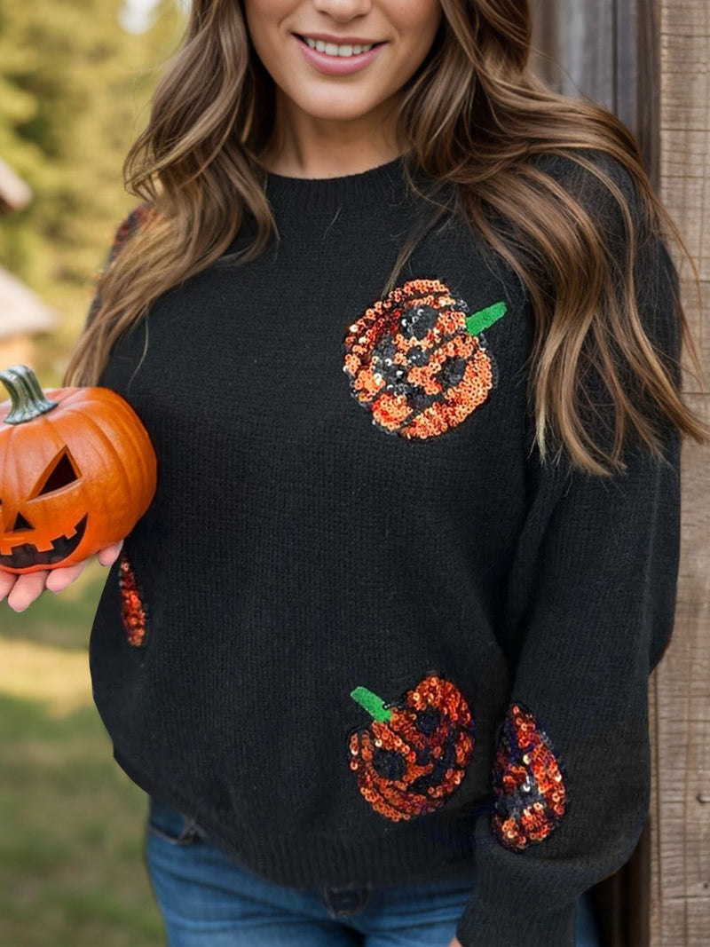 Hazel Blues® | Sequin Pumpkin Round Neck Sweater