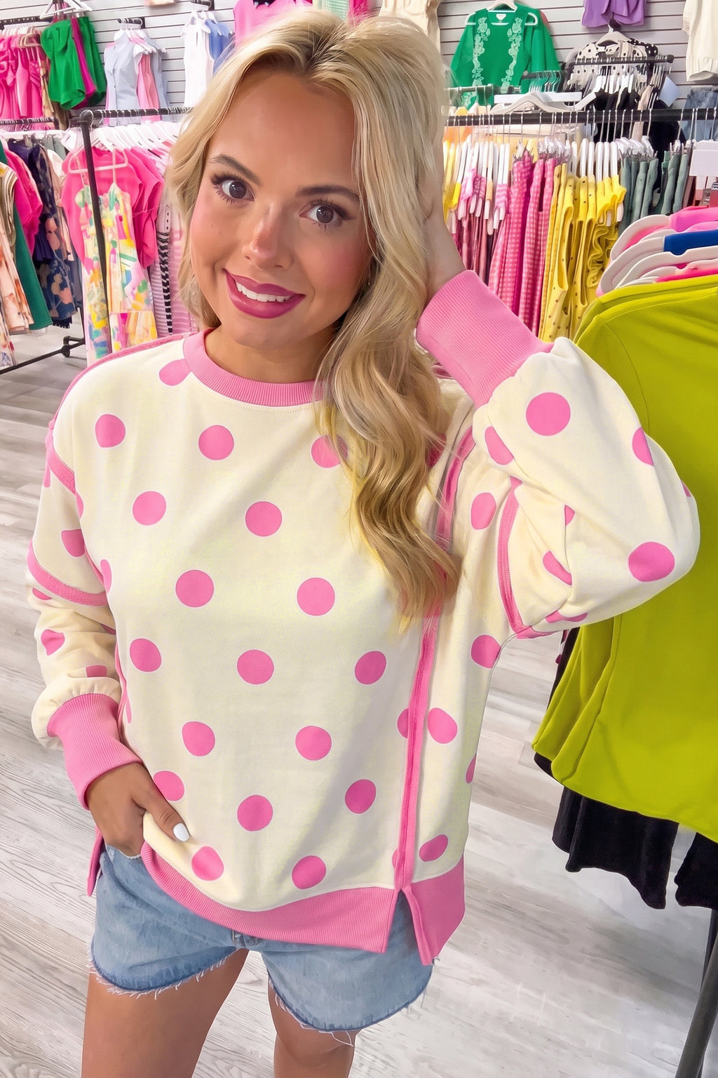 Yellow Polka Dot Contrast Patchwork Round Neck Baggy Sweatshirt