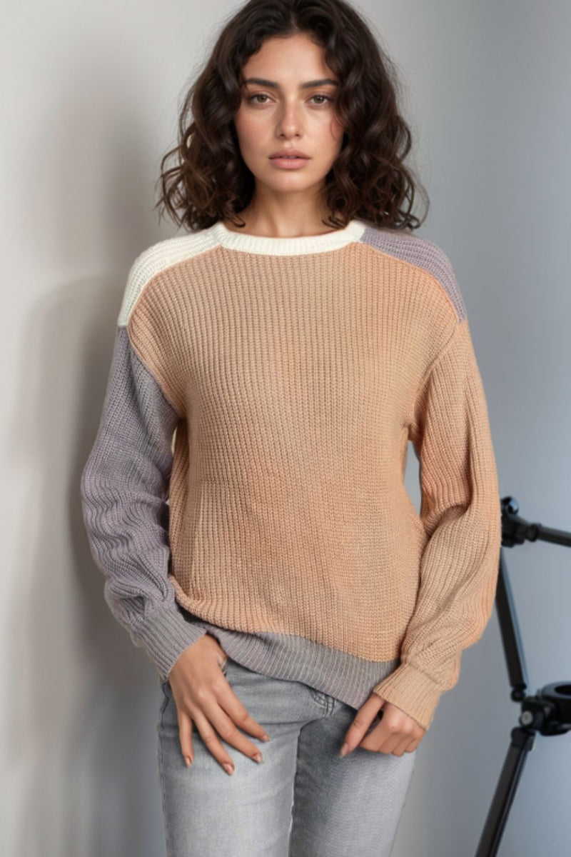 Hazel Blues® |  Color Block Round Neck Drop Shoulder Sweater