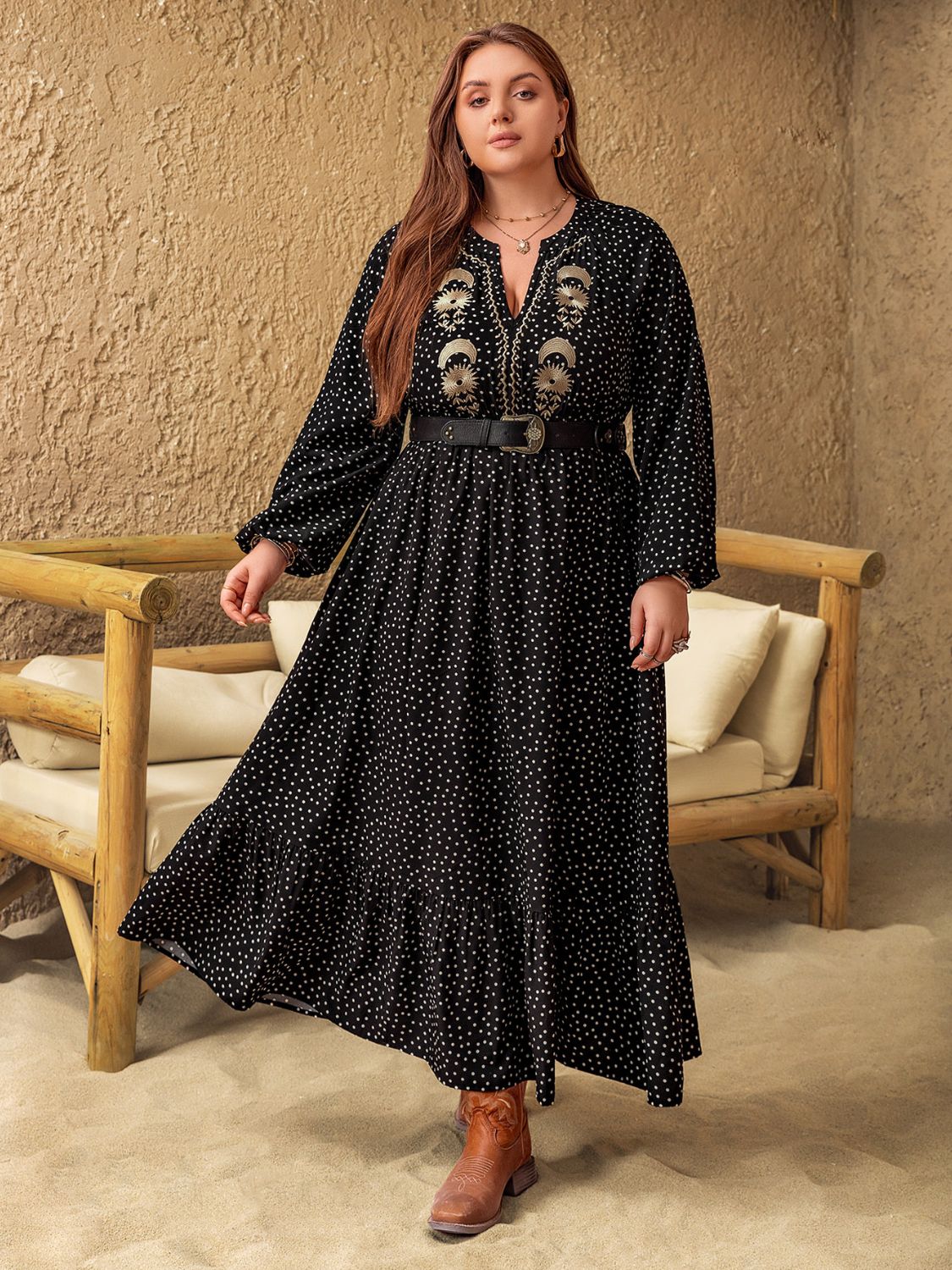 Hazel Blues® |  Embroidered Polka Dot Notched Long Sleeve Dress