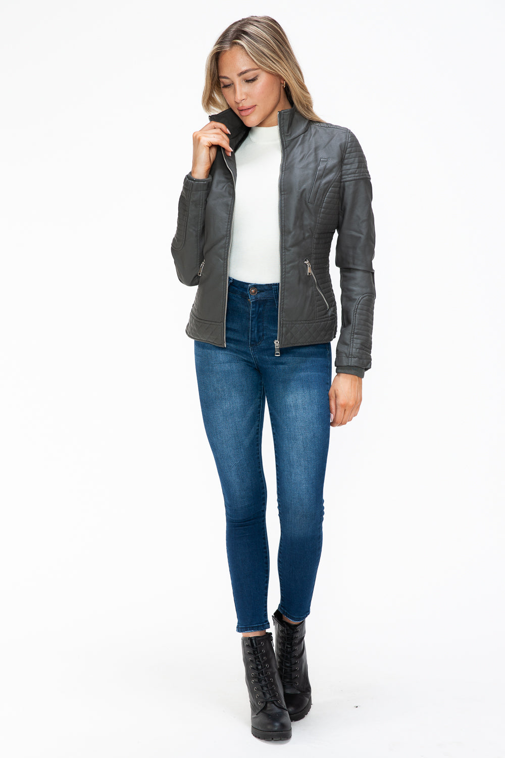 Hazel Blues® |  YMI Faux Layered Double-Zipper Jacket with Fuzzy Hood