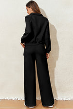 Hazel Blues® |  Black Solid Collared Sweatshirt and High Waist Pants Active Set
