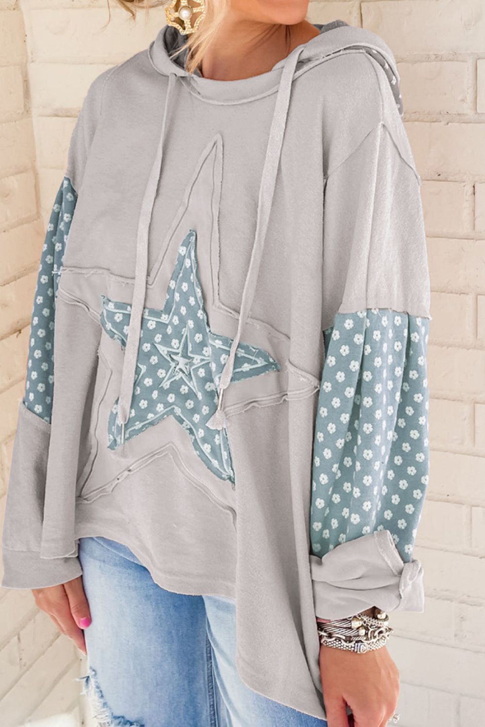 Hazel Blues® |  Floral Patchwork Star Pattern Drawstring Hoodie