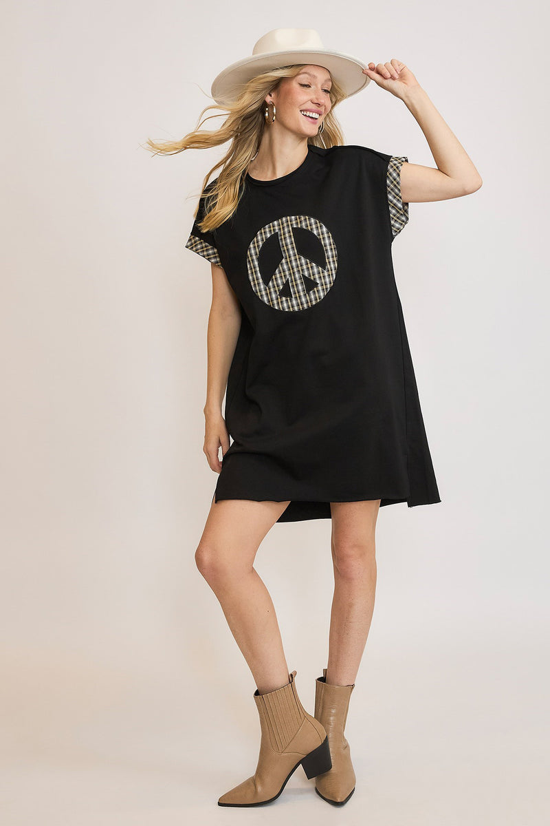 Hazel Blues® |  Umgee Peace Plaid Applique Short Sleeve Mini Dress