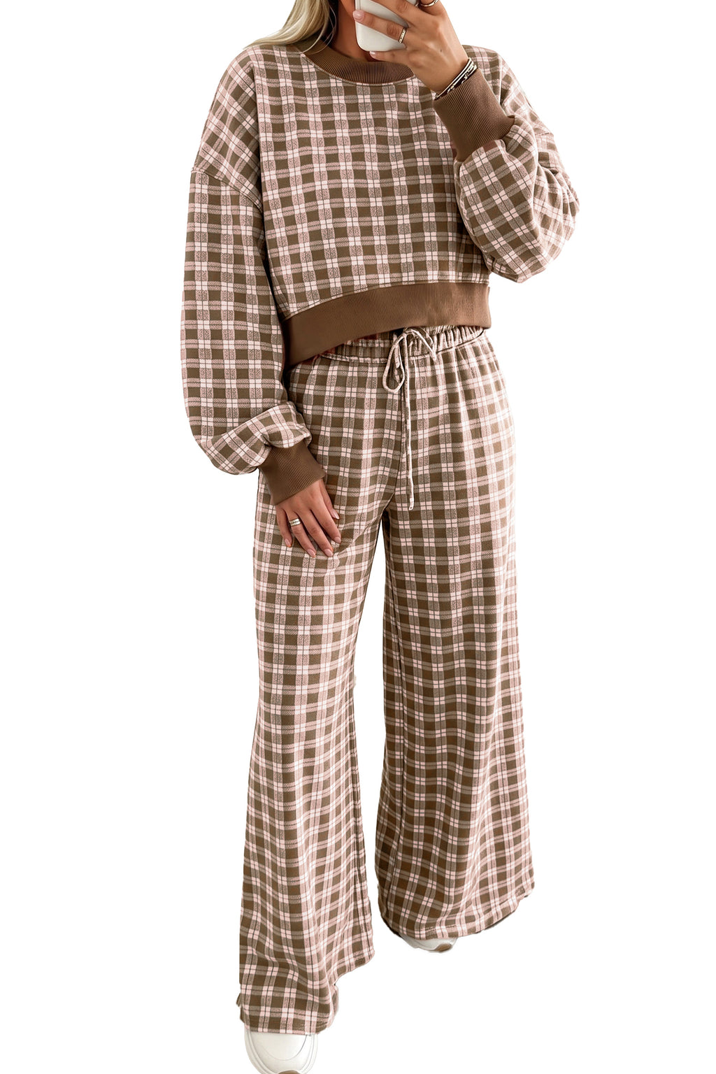 Brown Plaid Colorblock Pant Set