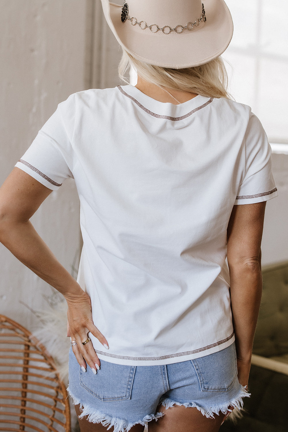 White RODEO Horseshoe Embroidered Patch Pocket T-Shirt