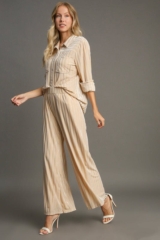 Hazel Blues® |  Umgee Elastic Waist Striped Wide Leg Velvet Pants