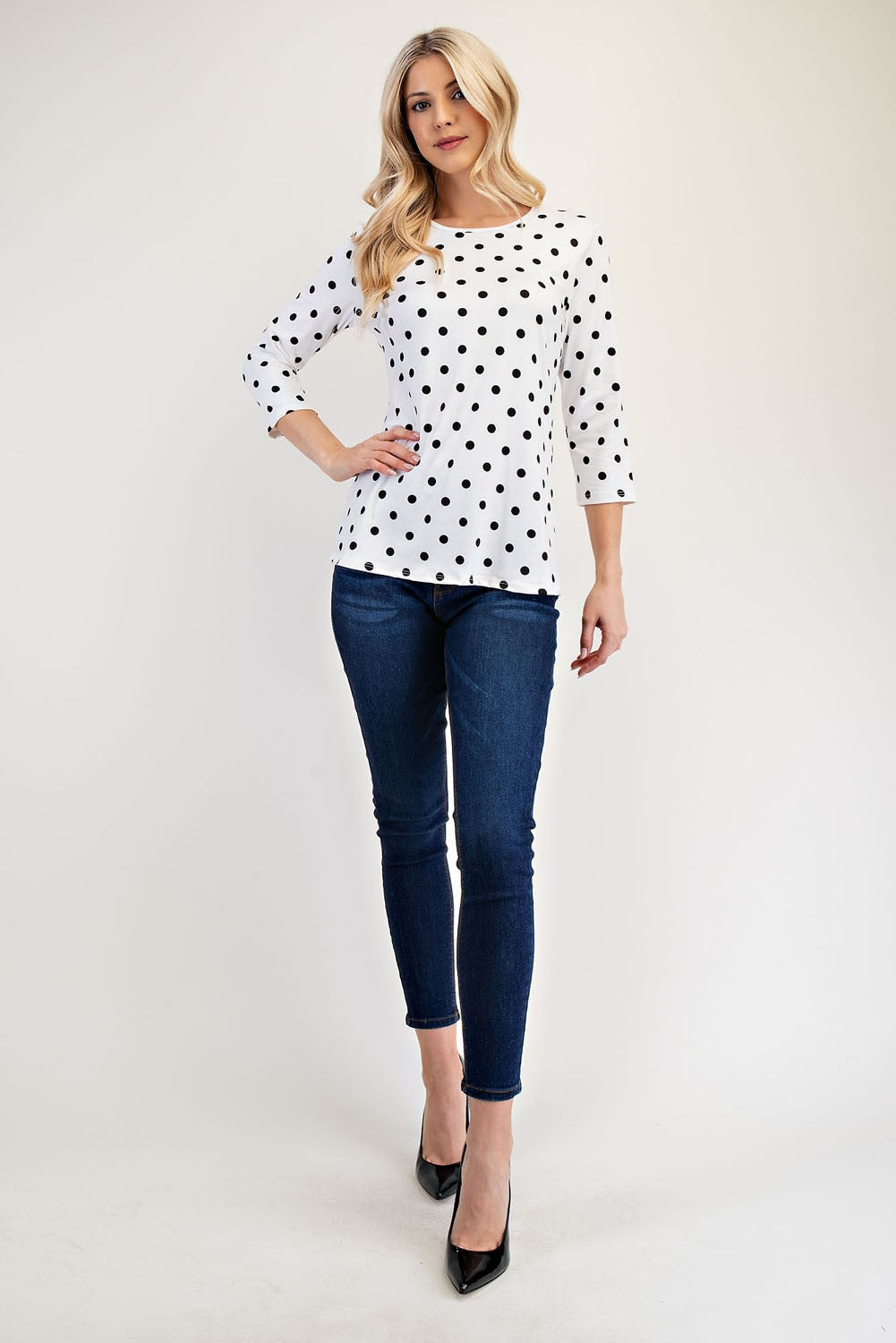 Hazel Blues® |  Celeste Polka Dot Round Neck Three-Quarter Sleeve T-Shirt