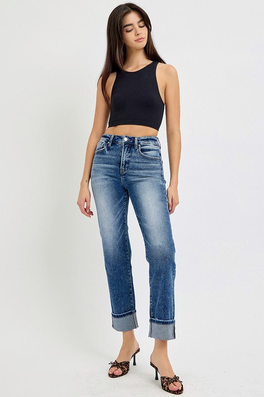 Hazel Blues® |  RISEN High Rise Crop Straight Roll Up Jeans