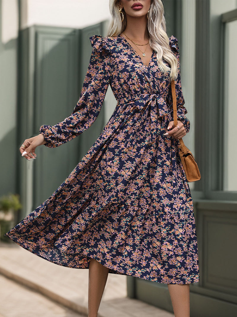 Hazel Blues® |  Printed Surplice Long Sleeve Midi Dress