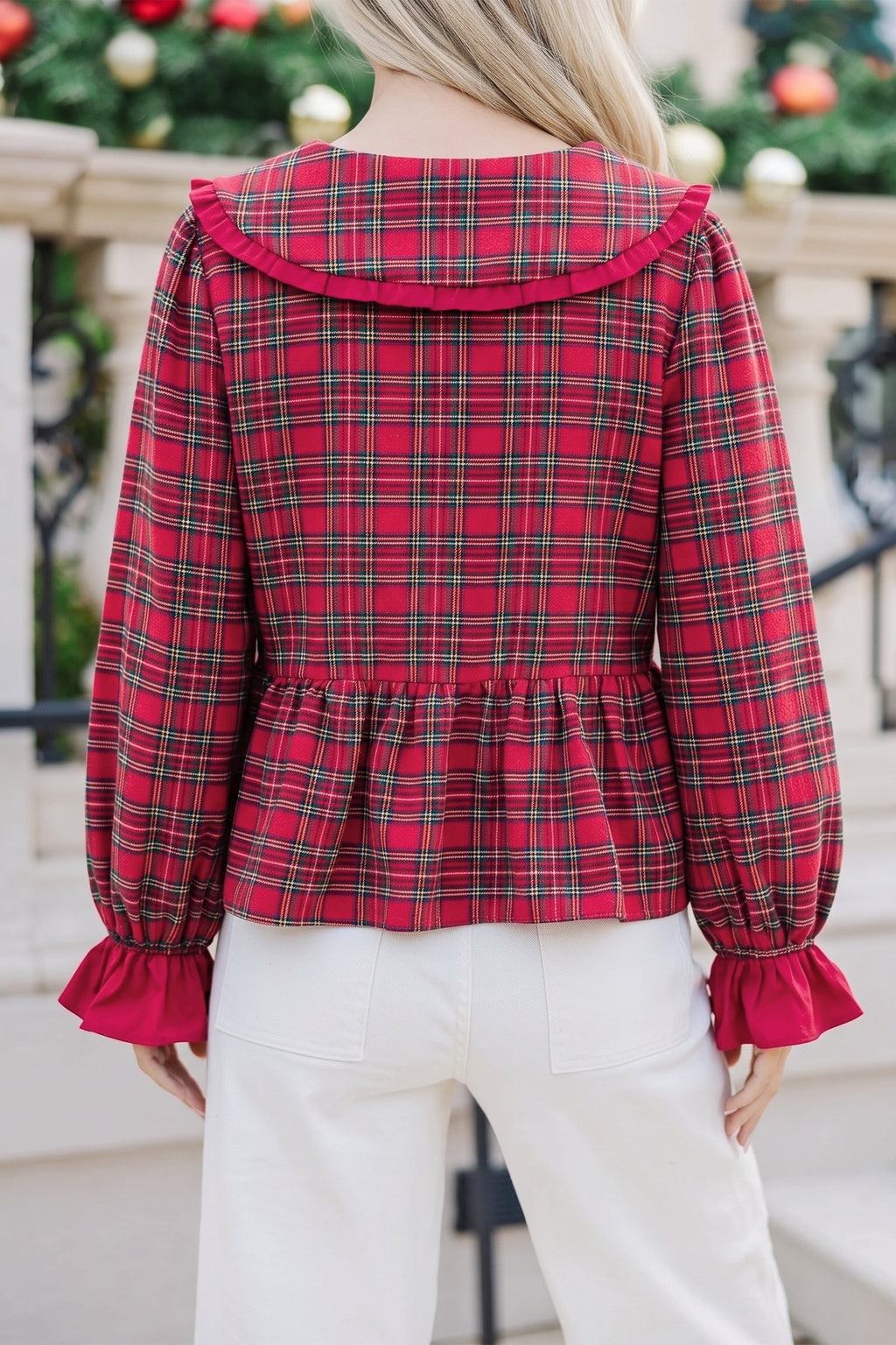 Eleanor Joy Red Plaid Tie Neck Ruffle Cuffs Long-Sleeve Shift Blouse