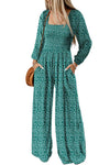 Hazel Blues® |  Green Floral Print Western Smocked Bodice Square Neck Wide Leg Jumpsuit
