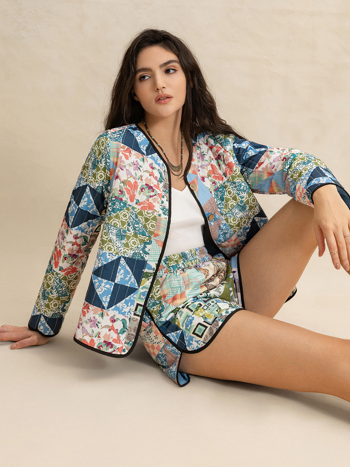 Hazel Blues® |  Printed Button Up Long Sleeve Outerwear and Shorts Set