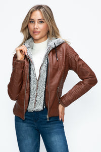 Hazel Blues® |  YMI Faux Layered Double-Zipper Jacket with Fuzzy Hood