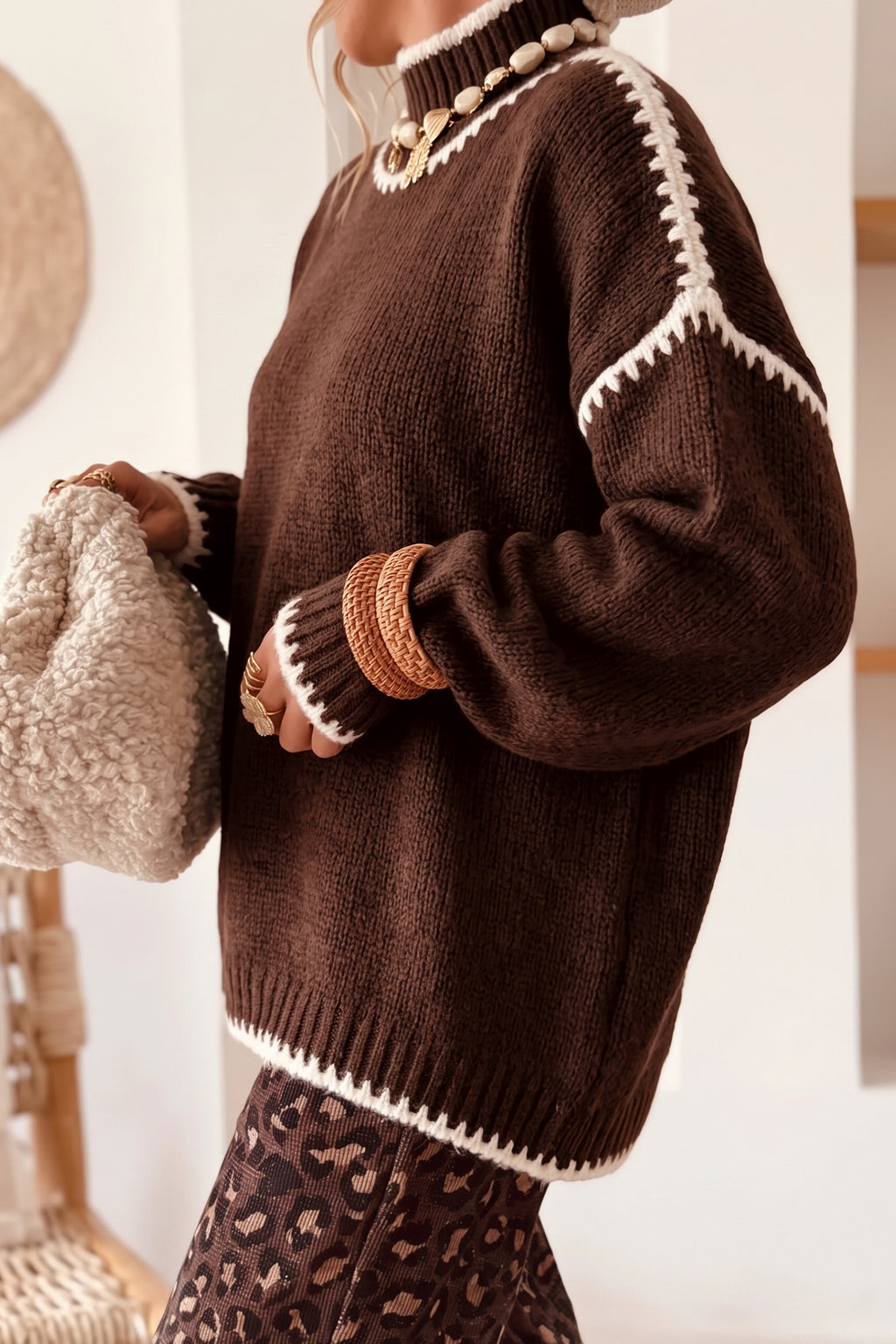 Brown Contrast-Trim Mock-Neck Sweater