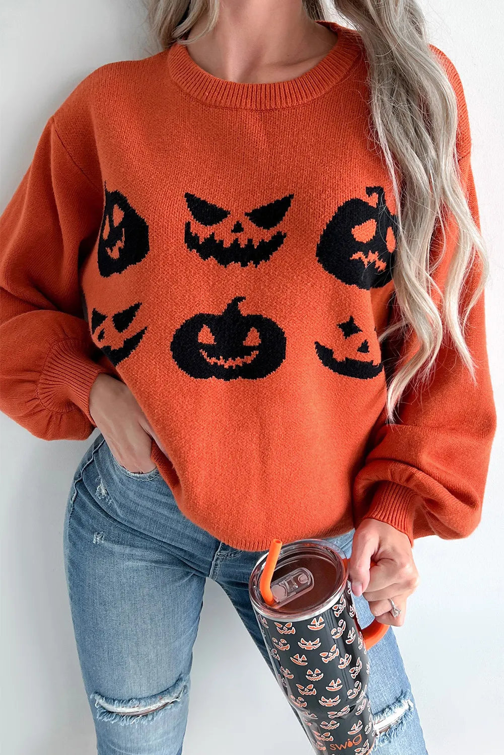 Hazel Blues® |  Pumpkin Pattern Round Neck Sweater