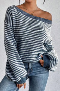 Hazel Blues® |  Striped Round Neck Dropped Shoulder Sweater