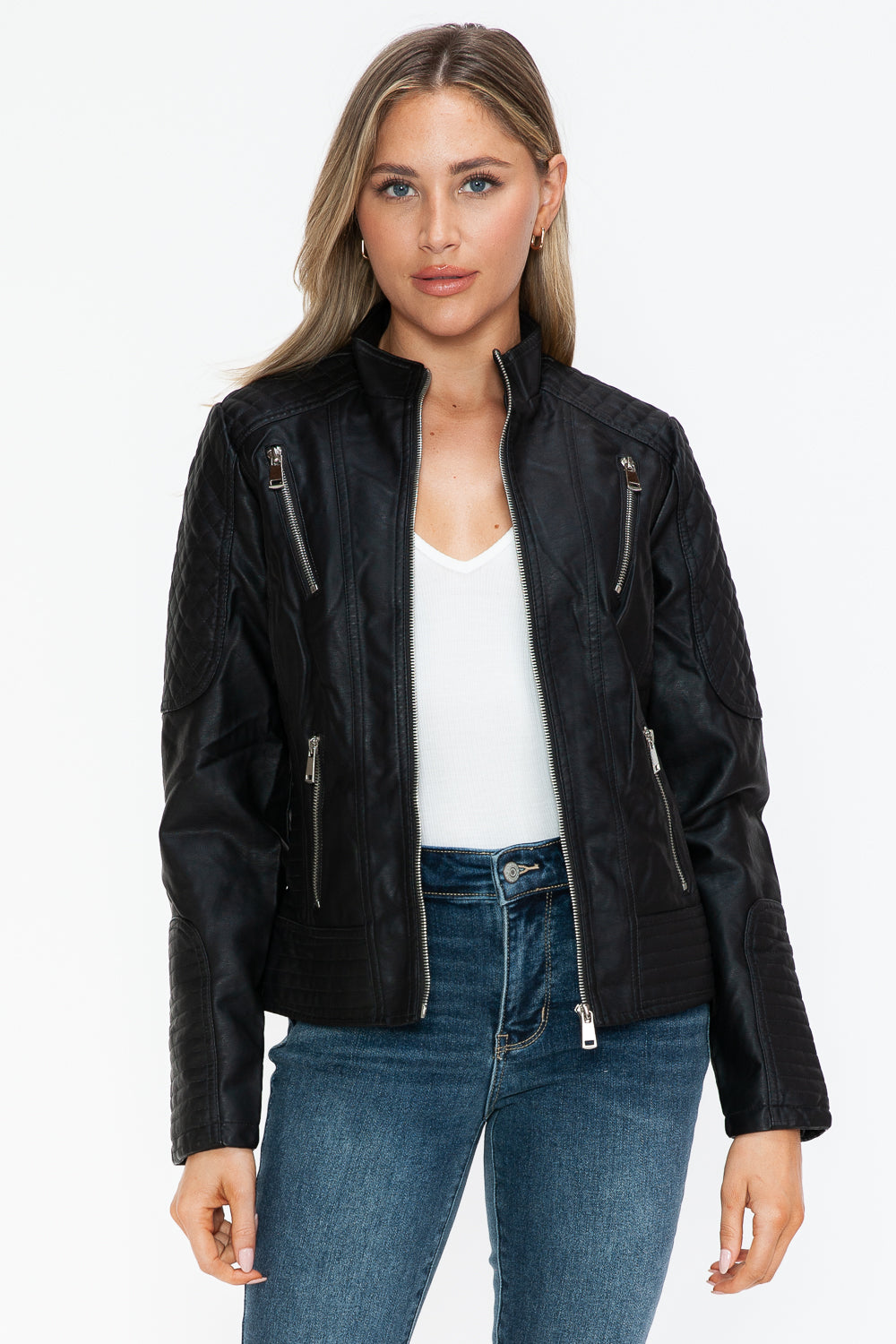 Hazel Blues® |  Snobbish Faux Leather Zip Up Mock Neck Jacket