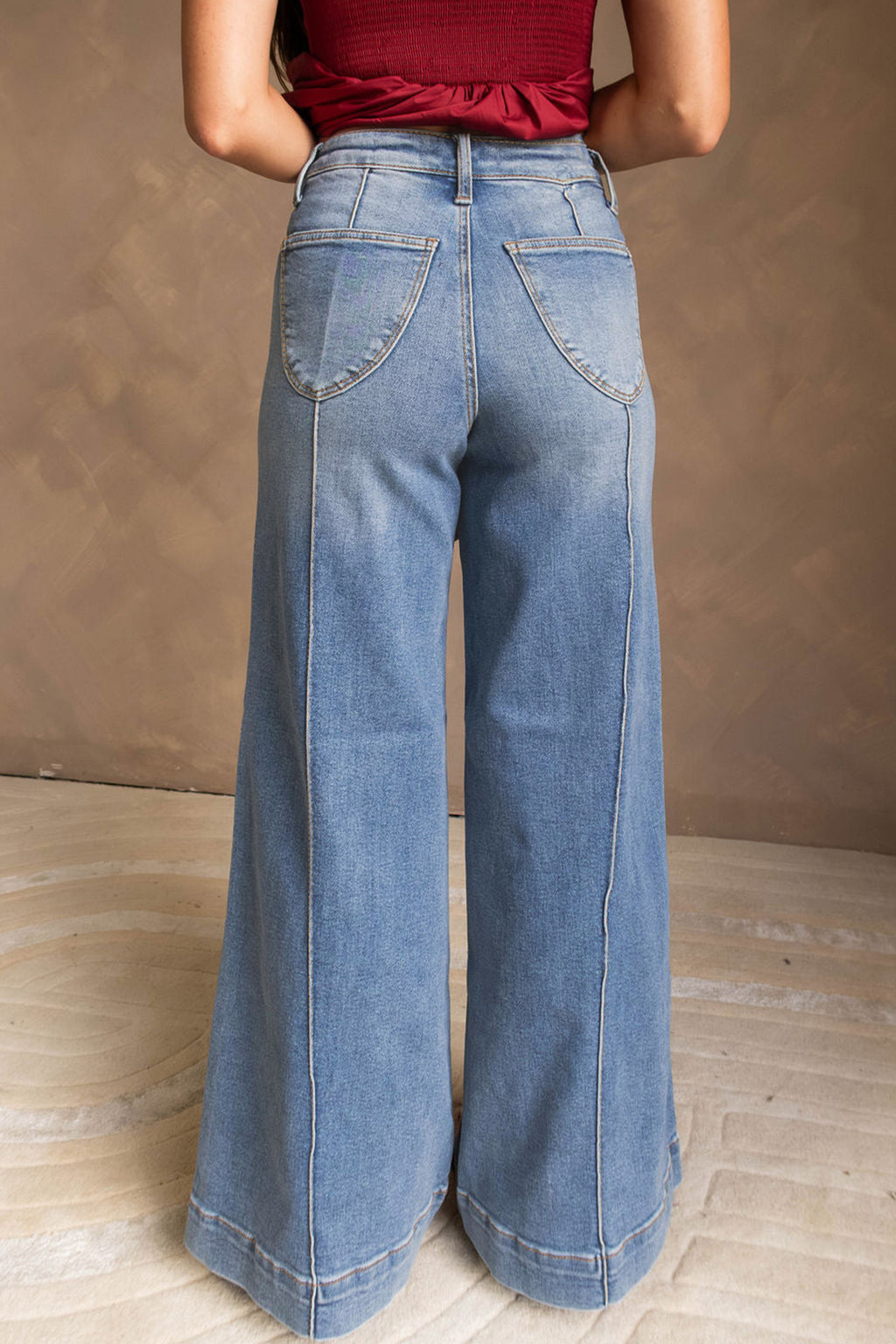 Blue Piped-Seam Flare Jeans