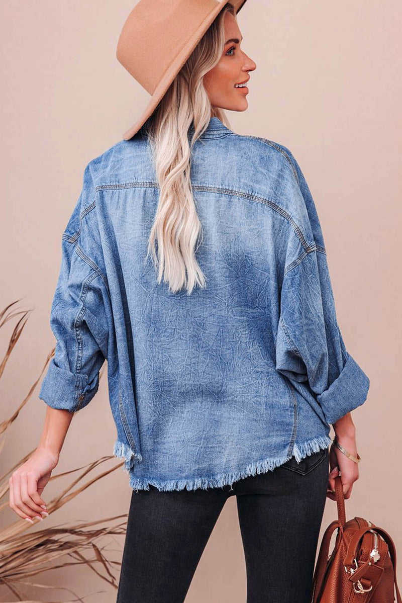 Hazel Blues® |  Raw Hem Sequin Football Long Sleeve Denim Jacket