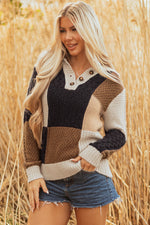 Hazel Blues® |  Multicolour Color Block Cable Knit Sleeve Buttons Collared Sweater