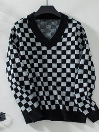 Hazel Blues® |  Checkered V-Neck Dropped Shoulder Sweater