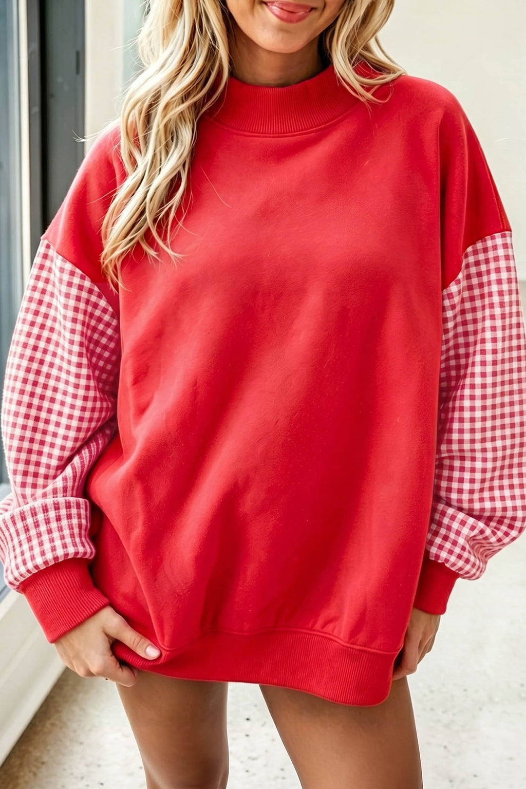 Fiery Red Plaid Sleeve Color-Block Relaxed Tunic Sweatshirt