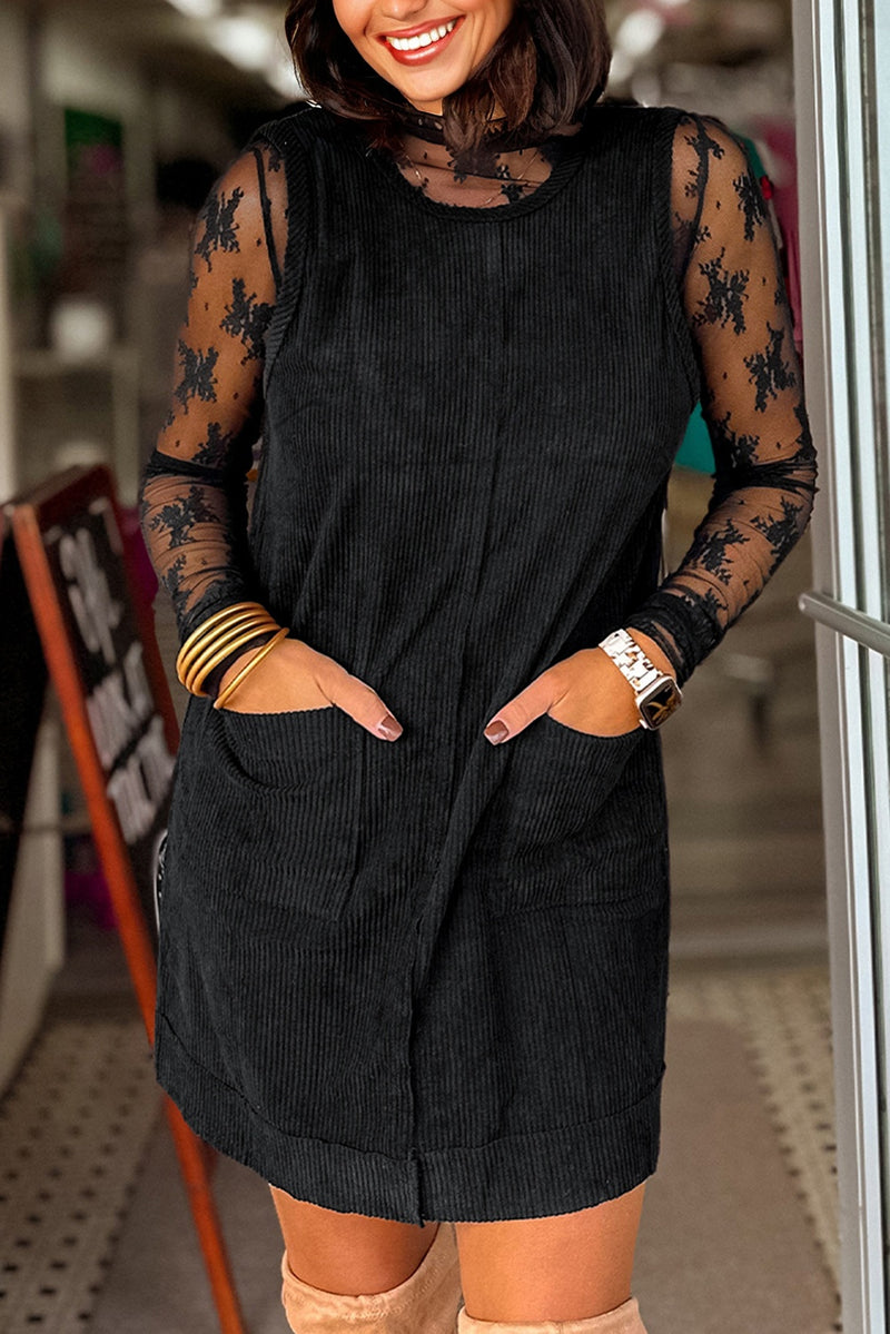 Hazel Blues® |  Beige Corduroy Sleeveless Mini Dress With Patched Pockets
