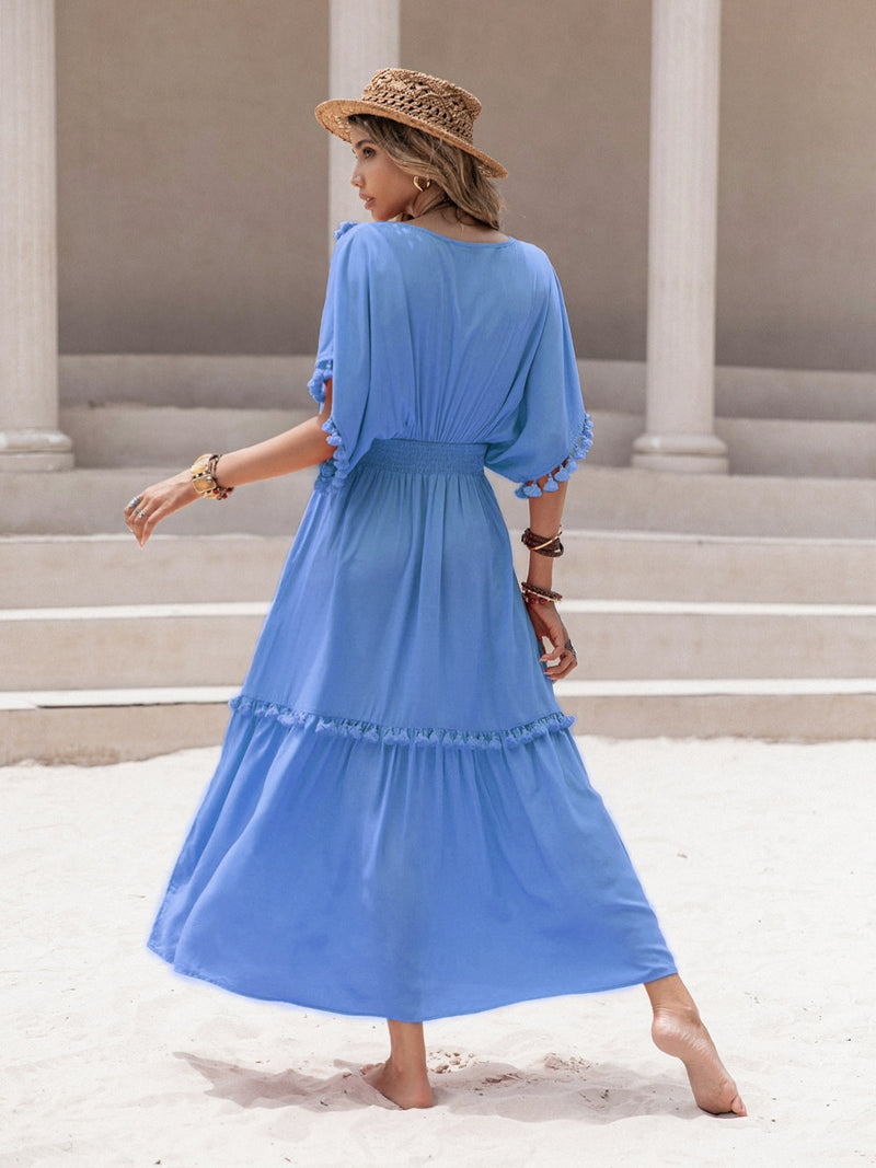 Hazel Blues® |  Tassel Trim Smocked V-Neck Short Sleeve Dress