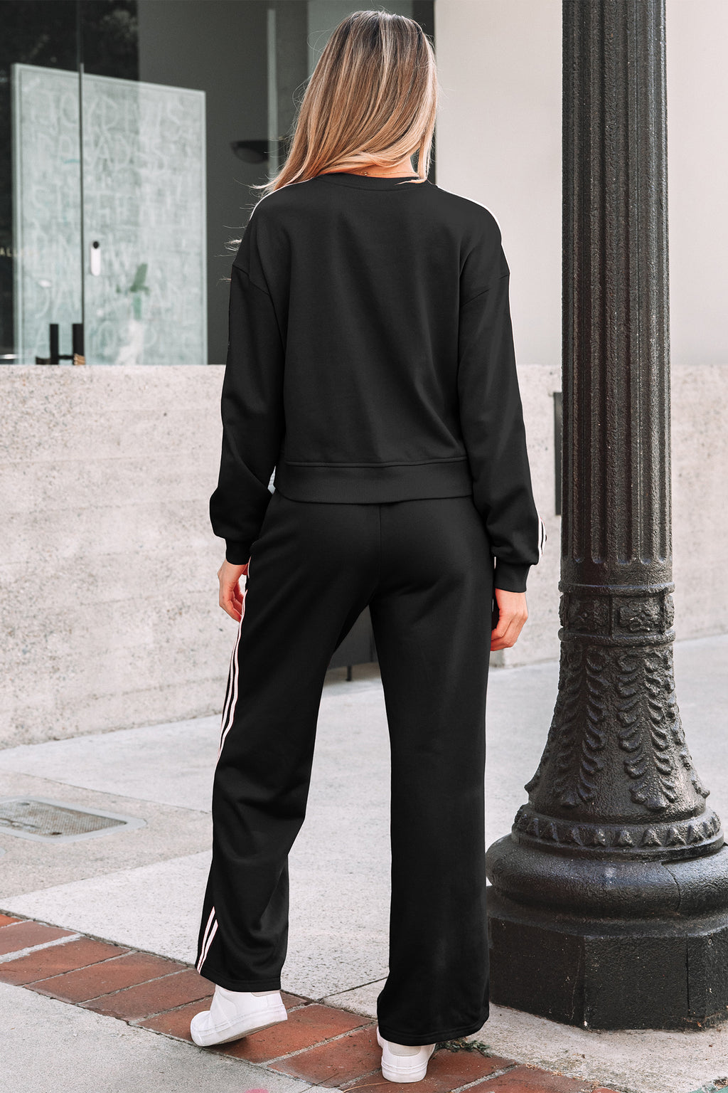 Black Varsity Striped Detail Crew-Neck Pullover Elastic Sweatpants Two-Piece Outfit