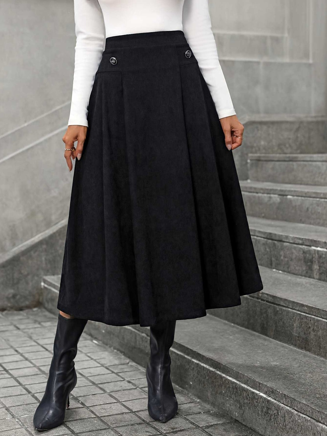 Hazel Blues® |  Decorative Button Ruched Midi Skirt