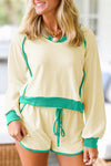 Hazel Blues® |  White Contrast Trim Colorblock Long Sleeve Pullover and Drawstring Shorts 2pcs Outfit