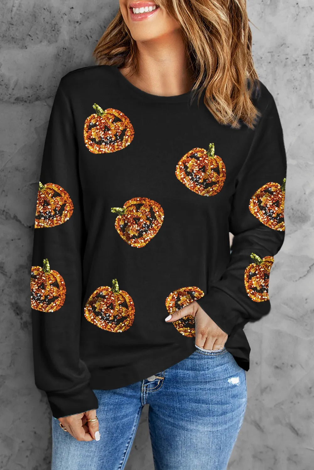 Hazel Blues® |  Sequin Pumpkin Round Neck Long Sleeve Top