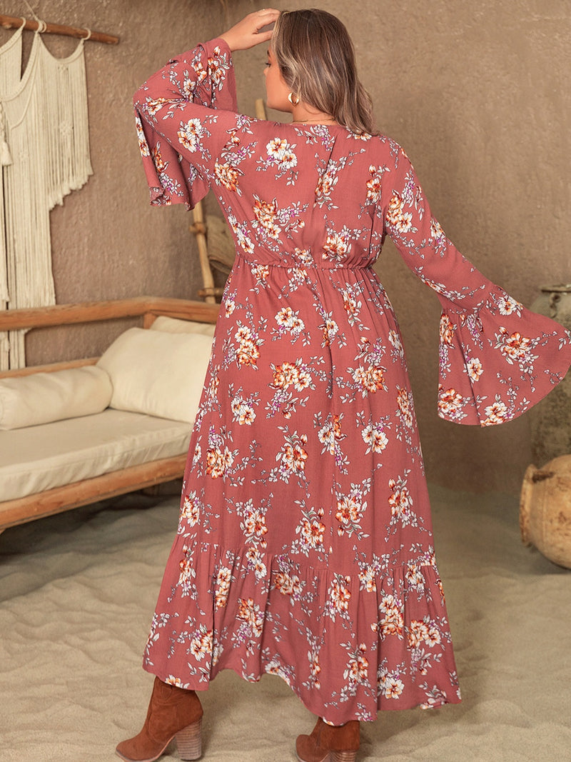 Hazel Blues® | Printed Half Button Flare Sleeve Dress