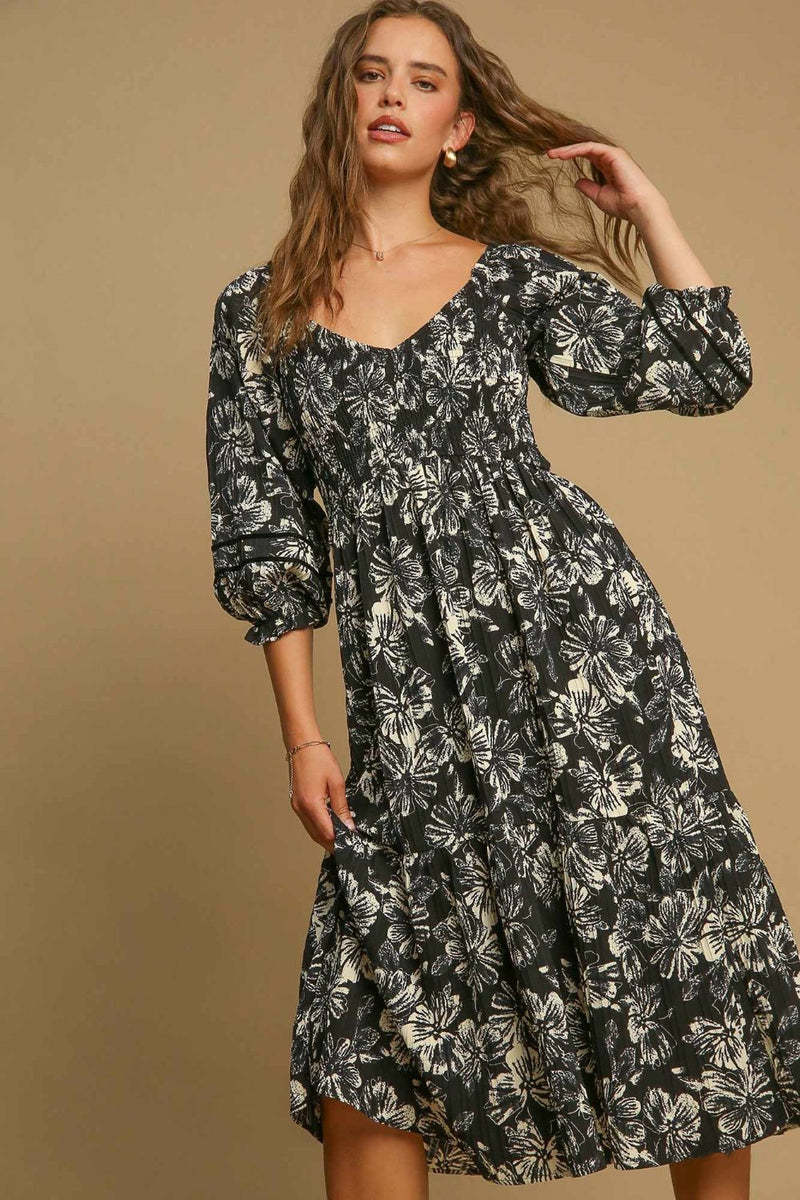 Hazel Blues® |  Umgee Ruffle Hem Flower Printed V-Neck Dress