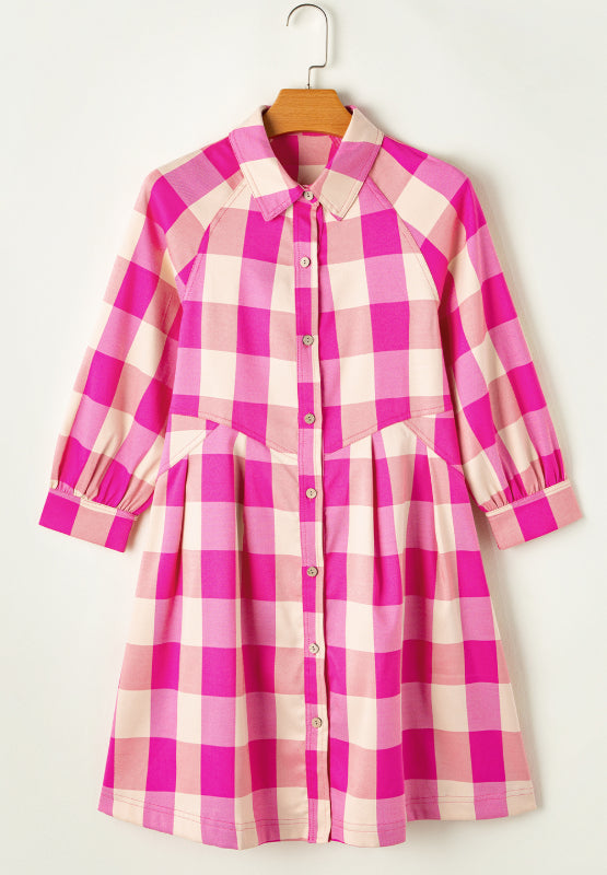 Hazel Blues® |  Ruched Plaid Three-Quarter Sleeve Shirt Dress