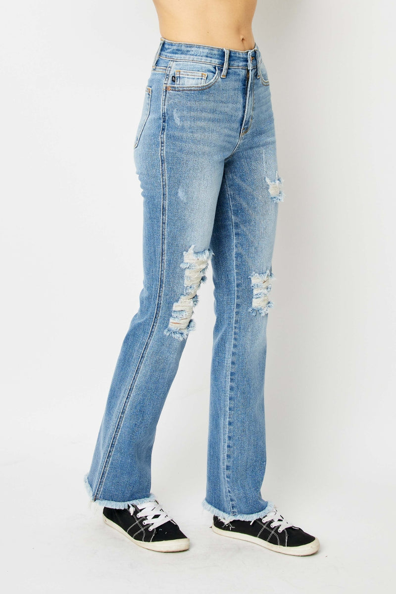Hazel Blues® |  Judy Blue Distressed Raw Hem Bootcut Jeans