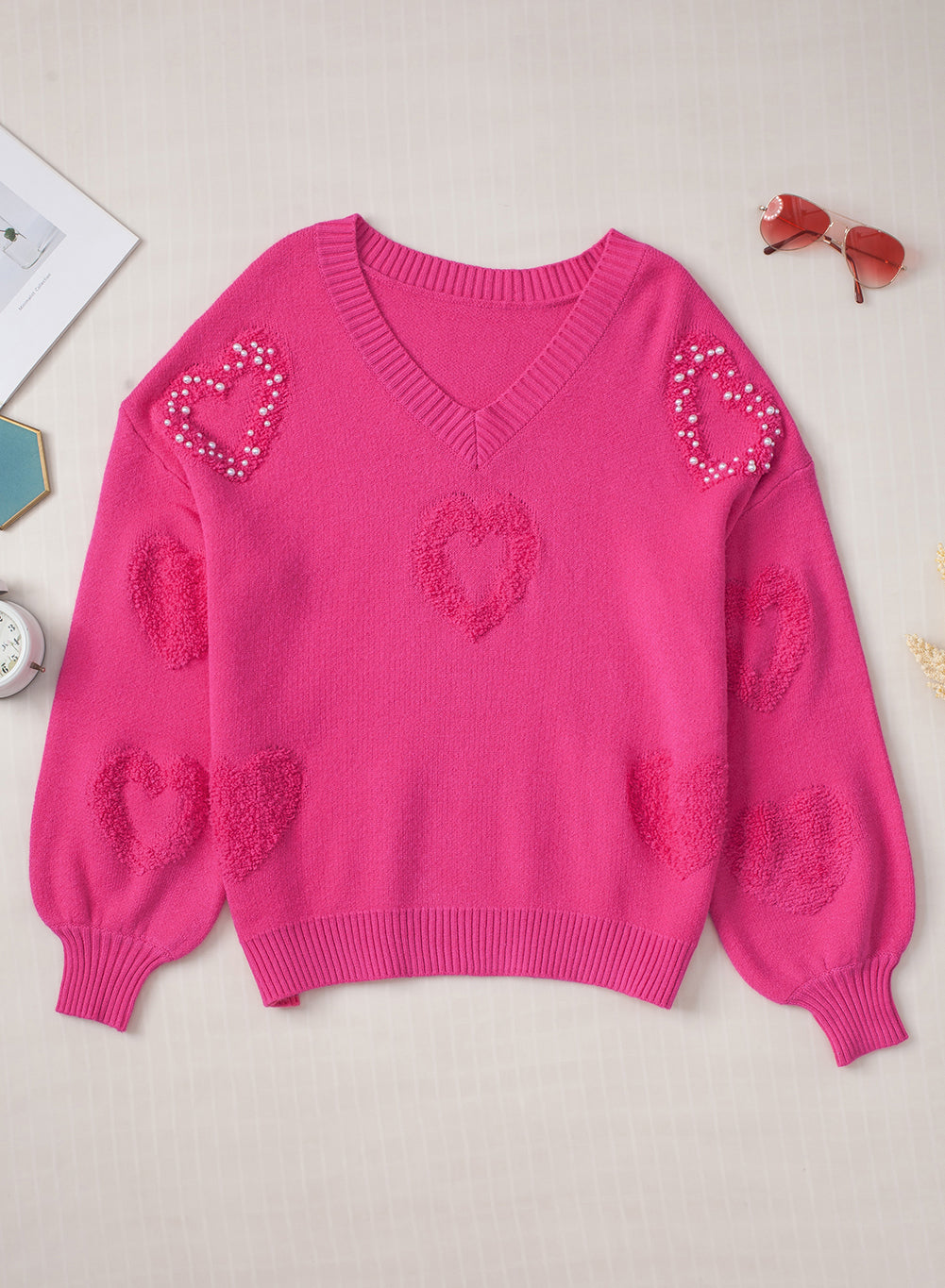 Hazel Blues® |  Pearl Trim Heart V-Neck Sweater