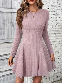 Ribbed Round Neck Long Sleeve Mini Dress