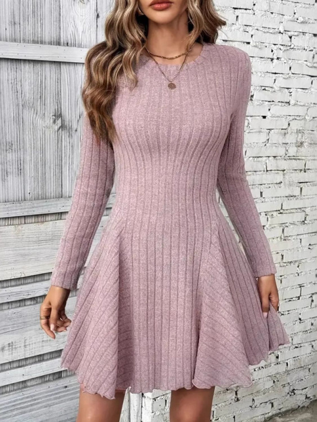 Hazel Blues® |  Ribbed Round Neck Long Sleeve Mini Dress