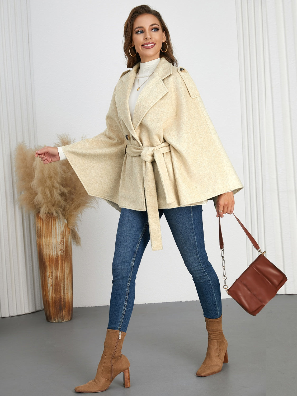 Hazel Blues® |  Double-Breasted Tie Waist Poncho