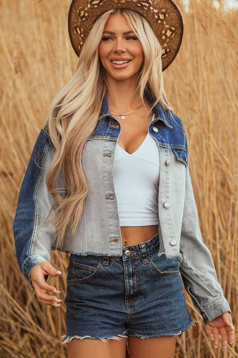 Hazel Blues® |  Dusk Blue Color Block Patchwork Flap Detail Distress Denim Jacket