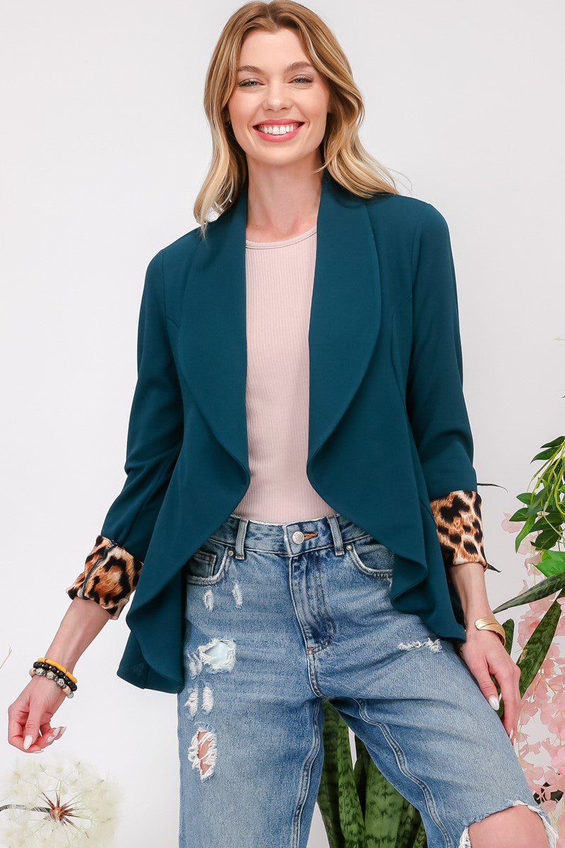 Hazel Blues® |  Celeste Rolled Leopard Cuff Open Front Blazer