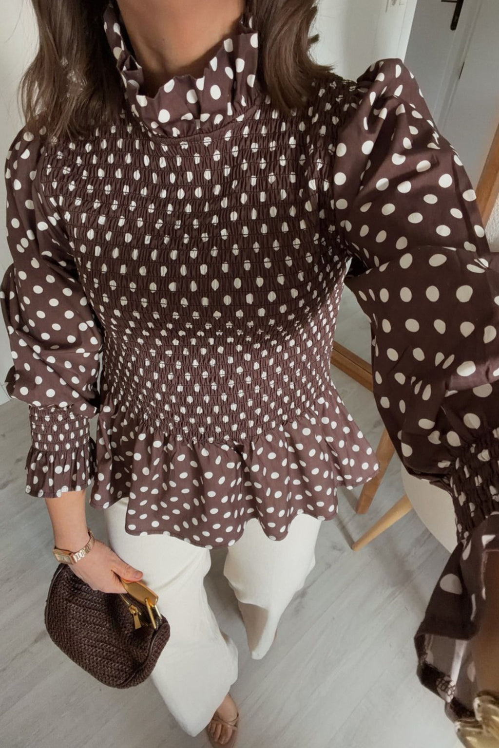 Ava Dove Polka-Dot Ruffled Blouse