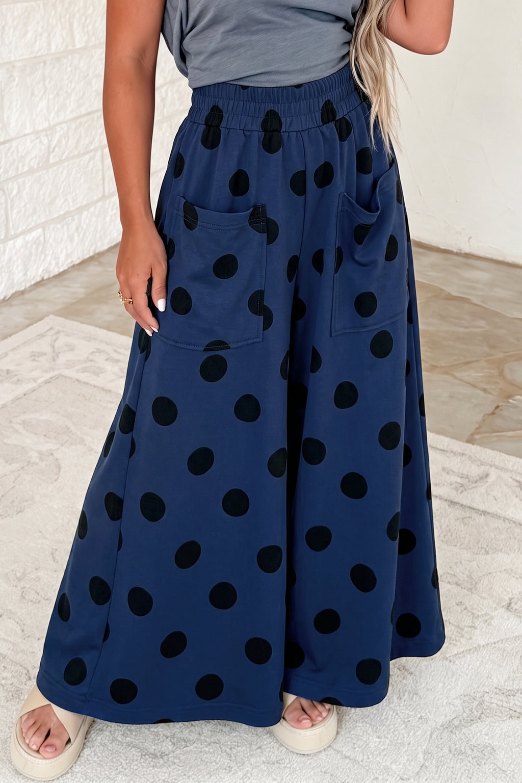 Blue Polka Dot Wide-Leg Pants