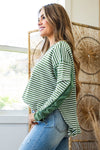 Hazel Blues® |  Green Stripe Thermal Knit Drop Shoulder Casual Top